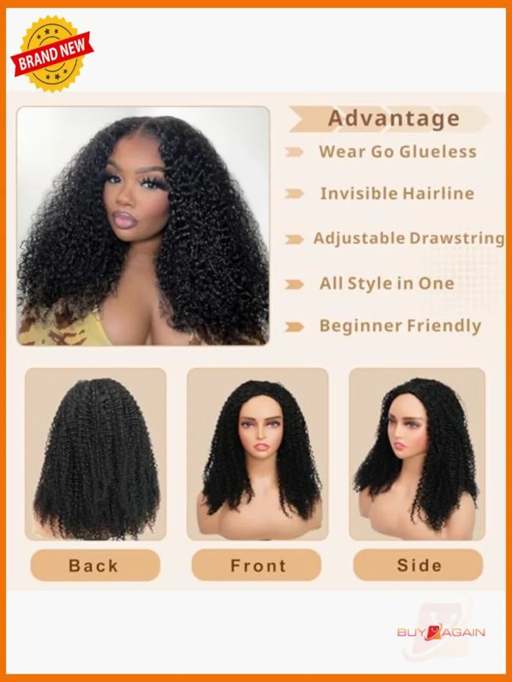 Kinky Curly Half Wig Human Hair 200% Density 3 In 1 Glueless Wear and Go